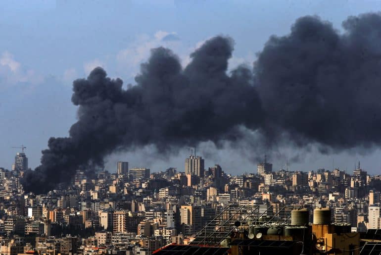 Smoke billows from Beirut's southern Dahiya suburb following Israeli airstrikes across Lebanon as a two-week ceasefire is announced in the U.S.-Israeli war on Iran, April 8, 2026. (Photo: © Marwan Naamani/dpa via ZUMA Press/APA Images)