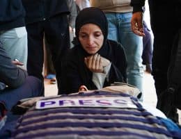 Mourners attend the funeral of Al Jazeera journalist Mohammad Weshah, who was killed in an Israeli strike on Wednesday, according to medics, at Al-Aqsa Martyrs Hospital in Deir al-Balah, central Gaza Strip, April 9, 2026. (Photo: Ramzi Abu Amer/APA Images)