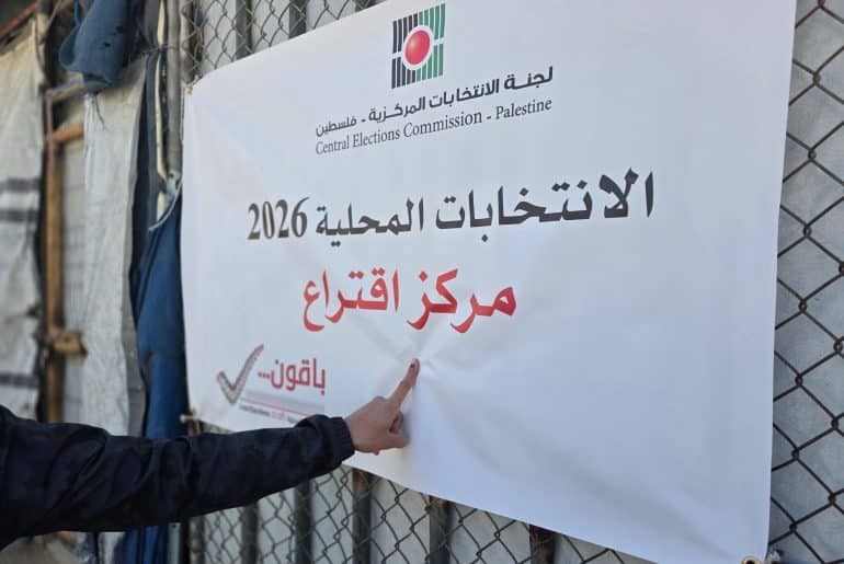 Palestinians cast thier ballot at a polling station during municipal elections in Deir al-Balah, central Gaza, April 25, 2026. )(Photo: Tariq Mohammad/APA Images)