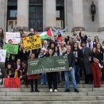 Activists participate in an Advocacy Day at the Washington state capitol, organized by Washington for Peace and Justice and Jewish Voice for Peace Seattle, in February 2026. Advocates from around the state attended, including PASS and the Rachel Corrie Foundation.