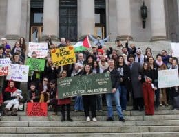 Activists participate in an Advocacy Day at the Washington state capitol, organized by Washington for Peace and Justice and Jewish Voice for Peace Seattle, in February 2026. Advocates from around the state attended, including PASS and the Rachel Corrie Foundation.