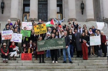 Activists participate in an Advocacy Day at the Washington state capitol, organized by Washington for Peace and Justice and Jewish Voice for Peace Seattle, in February 2026. Advocates from around the state attended, including PASS and the Rachel Corrie Foundation.