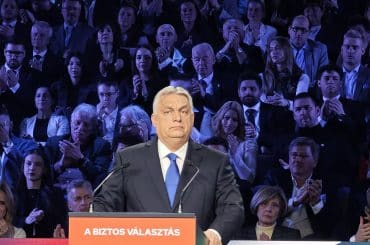 Viktor Orbán on February 14, 2026. The podium reads, “The Safe Choice,” the motto of his Fidesz party. (Photo: Elekes Andor/Wikimedia)
