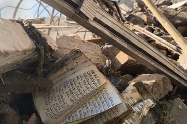 Scene from the the destruction of the Rafi-Nia synagogue in Tehran from an Israeli bombing, on April 7, 2026. (Photo shared via MB Ghalibaf on social media)