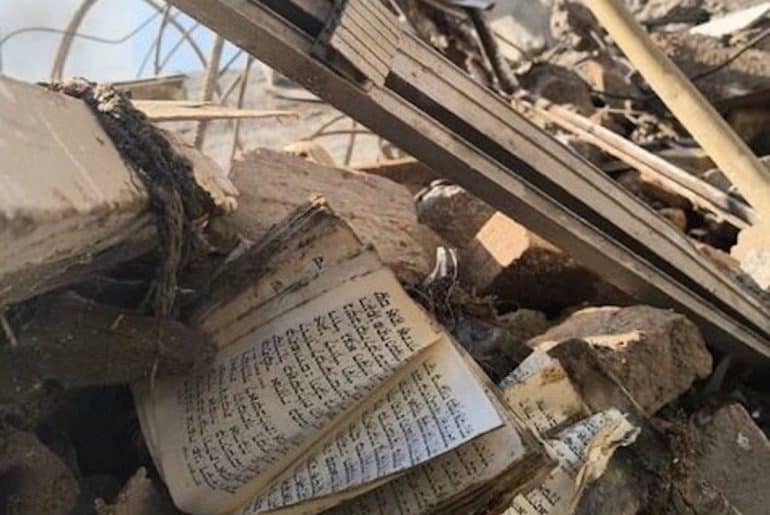 Scene from the the destruction of the Rafi-Nia synagogue in Tehran from an Israeli bombing, on April 7, 2026. (Photo shared via MB Ghalibaf on social media)