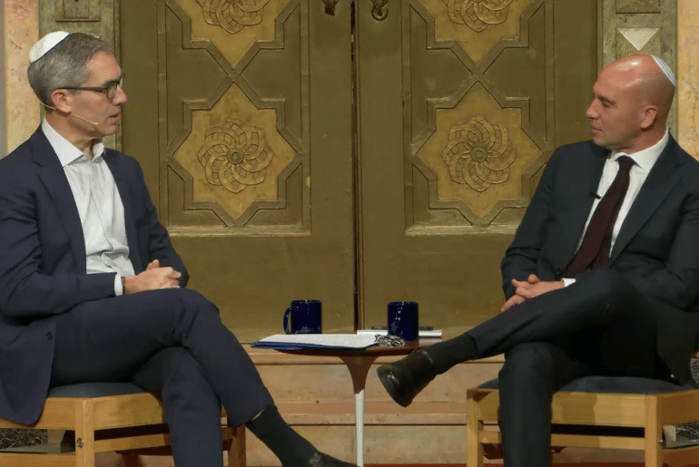 Rabbi Eliot Cosgrove, left, interviews MirYam Institute CEO Benjamin Anthony at the Park Avenue Synagogue on March 20, 2026. (Image: Screenshot)