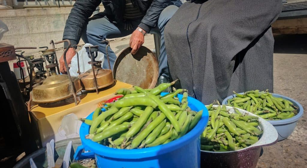 Fava beans sold on the street in Ramallah, April 2026. (Photo: Qassam Muaddi/Mondoweiss)