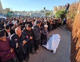 Palestinians attend the funeral of Nassim al-Kalazani, a police colonel who was killed in an Israeli strike targeting his vehicle, in Khan Younis, in the southern Gaza Strip, on May 6, 2026. (Photo: Tariq Mohammad / APA Images)