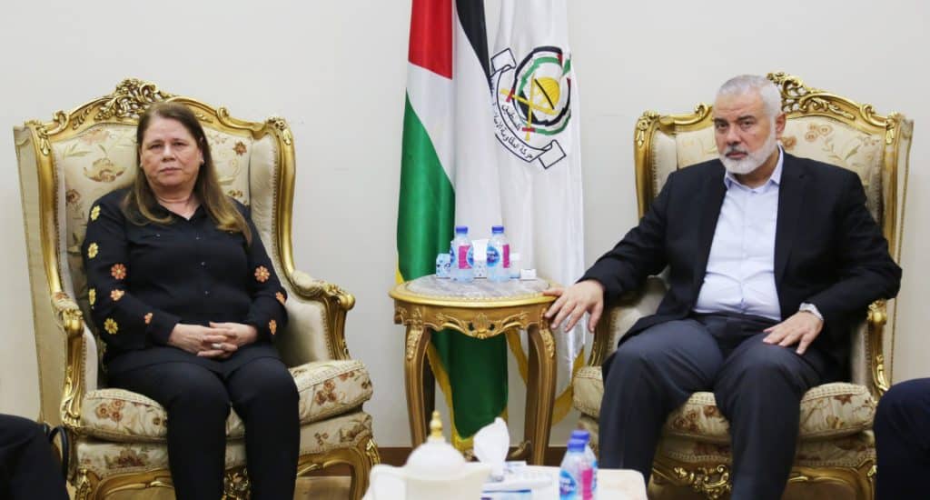 Wife of Marwan Barghouthi, Fadwa Barghouthi (left) meets with the head of the Hamas Political Bureau Ismail Haniyeh in Cairo, Egypt, on October 7, 2021. (Photo: Haniyeh Media Office/APA Images)