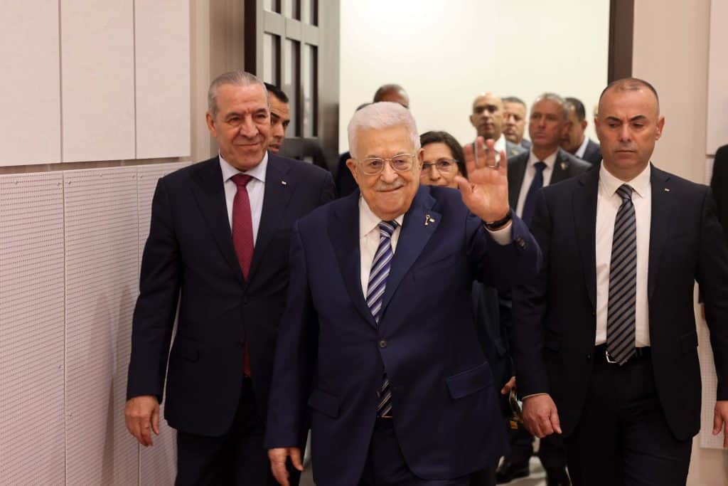 Palestinian Authority President Mahmoud Abbas and PA Vice President Hussein al-Sheikh at Fatah's Eighth General Congress in Ramallah, May 14, 2026. (Photo: Thaer Ganaim/APA Images)