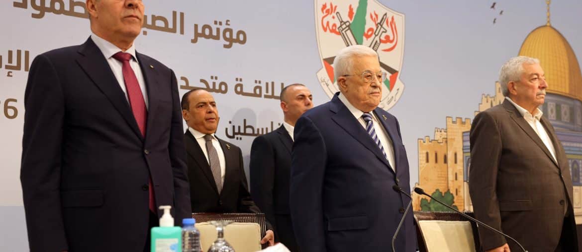 Palestinian Authority President Mahmoud Abbas and PA Vice President Hussein al-Sheikh at Fatah's Eighth General Congress in Ramallah, May 14, 2026. (Photo: Thaer Ganaim/APA Images)