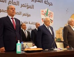 Palestinian Authority President Mahmoud Abbas and PA Vice President Hussein al-Sheikh at Fatah's Eighth General Congress in Ramallah, May 14, 2026. (Photo: Thaer Ganaim/APA Images)