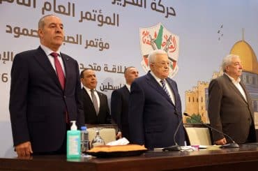Palestinian Authority President Mahmoud Abbas and PA Vice President Hussein al-Sheikh at Fatah's Eighth General Congress in Ramallah, May 14, 2026. (Photo: Thaer Ganaim/APA Images)