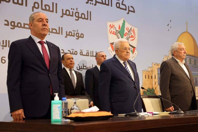 Palestinian Authority President Mahmoud Abbas and PA Vice President Hussein al-Sheikh at Fatah's Eighth General Congress in Ramallah, May 14, 2026. (Photo: Thaer Ganaim/APA Images)