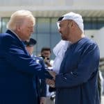 Sheikh Mohammed bin Zayed Al Nahyan, President of the UAE, bids farewell to Donald Trump at the Presidential Airport in Abu Dhabi, United Arab Emirates, on May 16, 2025. (Photo by Emirates News Agency via APA Images)