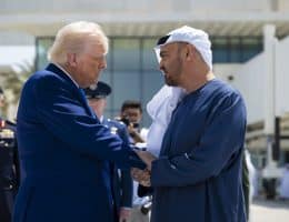 Sheikh Mohammed bin Zayed Al Nahyan, President of the UAE, bids farewell to Donald Trump at the Presidential Airport in Abu Dhabi, United Arab Emirates, on May 16, 2025. (Photo by Emirates News Agency via APA Images)