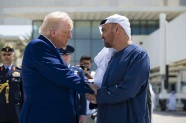 Sheikh Mohammed bin Zayed Al Nahyan, President of the UAE, bids farewell to Donald Trump at the Presidential Airport in Abu Dhabi, United Arab Emirates, on May 16, 2025. (Photo by Emirates News Agency via APA Images)