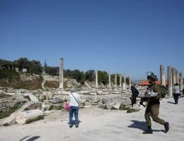 Israeli soldiers patrolling Roman-era ruins in the Palestinian town of Sebastia, March 30, 2021. (Photo: Shadi Jarar'ah/APA Images)