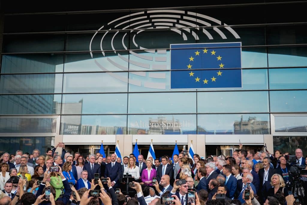 Gathering in support of Israel in front of the European Parliament in Brussels in the wake of the October 7 attacks, October 11, 2023.