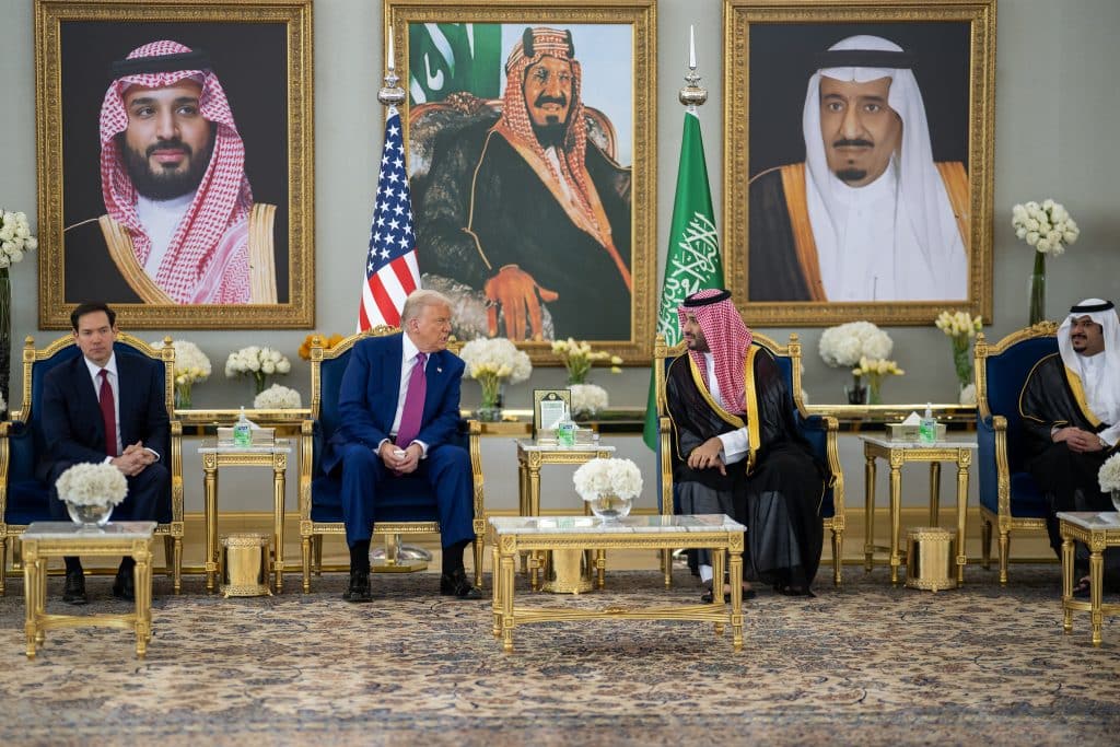 President Donald Trump speaks with Saudi Crown Prince Mohammed Bin Salman Al Saud after his arrival to King Khalid International Airport in Riyadh, Saudi Arabia, Tuesday, May 13, 2025. (Official White House Photo by Daniel Torok)
