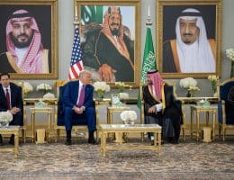 President Donald Trump speaks with Saudi Crown Prince Mohammed Bin Salman Al Saud after his arrival to King Khalid International Airport in Riyadh, Saudi Arabia, Tuesday, May 13, 2025. (Official White House Photo by Daniel Torok)