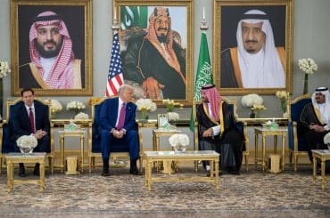 President Donald Trump speaks with Saudi Crown Prince Mohammed Bin Salman Al Saud after his arrival to King Khalid International Airport in Riyadh, Saudi Arabia, Tuesday, May 13, 2025. (Official White House Photo by Daniel Torok)