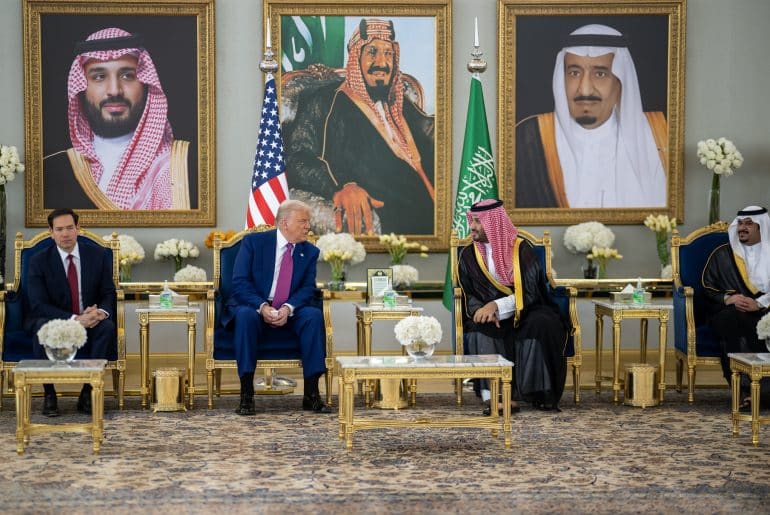President Donald Trump speaks with Saudi Crown Prince Mohammed Bin Salman Al Saud after his arrival to King Khalid International Airport in Riyadh, Saudi Arabia, Tuesday, May 13, 2025. (Official White House Photo by Daniel Torok)