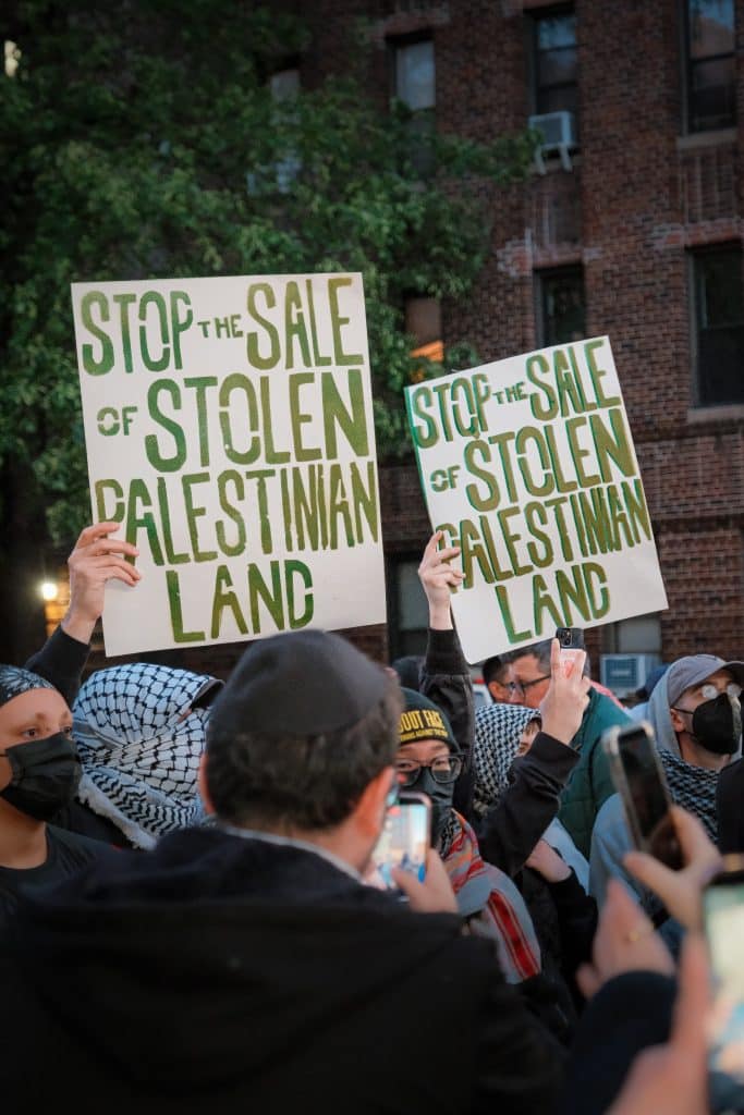 Photo taken at PAL-Awda NY/NJ's protest against the illegal "Great Israeli Real Estate Event of 2026" on May 11, 2026, at Young Israel of Midwood in Brooklyn. (Photo: PAL-Awda NY/NJ)