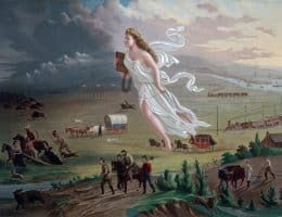 American Progress, a 1872 painting by John Gast, depicts the settler-colonial dispossession of Native America as a celebration of the idea of Manifest Destiny. (Image: Wikimedia)