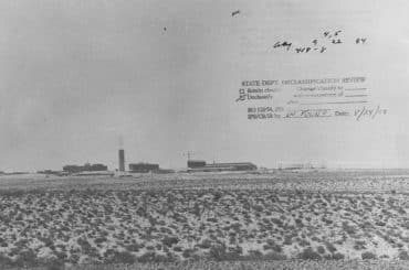 Photograph of the construction site near Dinoma in the Negev desert for Israel's then-secret nuclear reactor was taken during 1960, and is located in State Department records at the National Archives (Record Group 59, Records of the Special Assistant to the Secretary of State for Atomic Energy and Outer Space, General Records Relating to Atomic Energy, 1948-62, box 501, Country File Z1.50 Israel f. Reactors 1960).