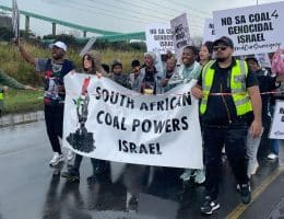 Protest against South African coal exports to Israel at the Richards Bay Coal Terminal north of Durban, on May 16, 2026. (Photo: Riley Singh)