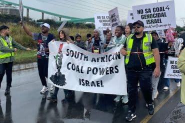 Protest against South African coal exports to Israel at the Richards Bay Coal Terminal north of Durban, on May 16, 2026. (Photo: Riley Singh)