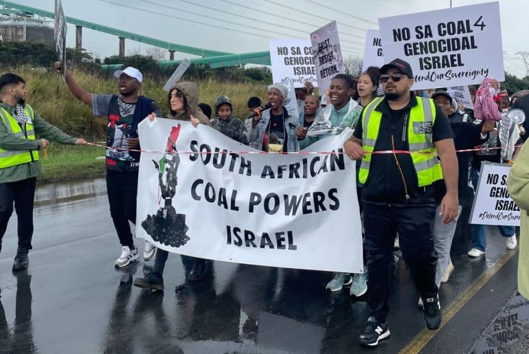 Protest against South African coal exports to Israel at the Richards Bay Coal Terminal north of Durban, on May 16, 2026. (Photo: Riley Singh)