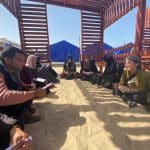 susan abulhawa, right, meeting with writers in Gaza in early 2024 for workshops that led to the book, "Every Moment Is A Life."