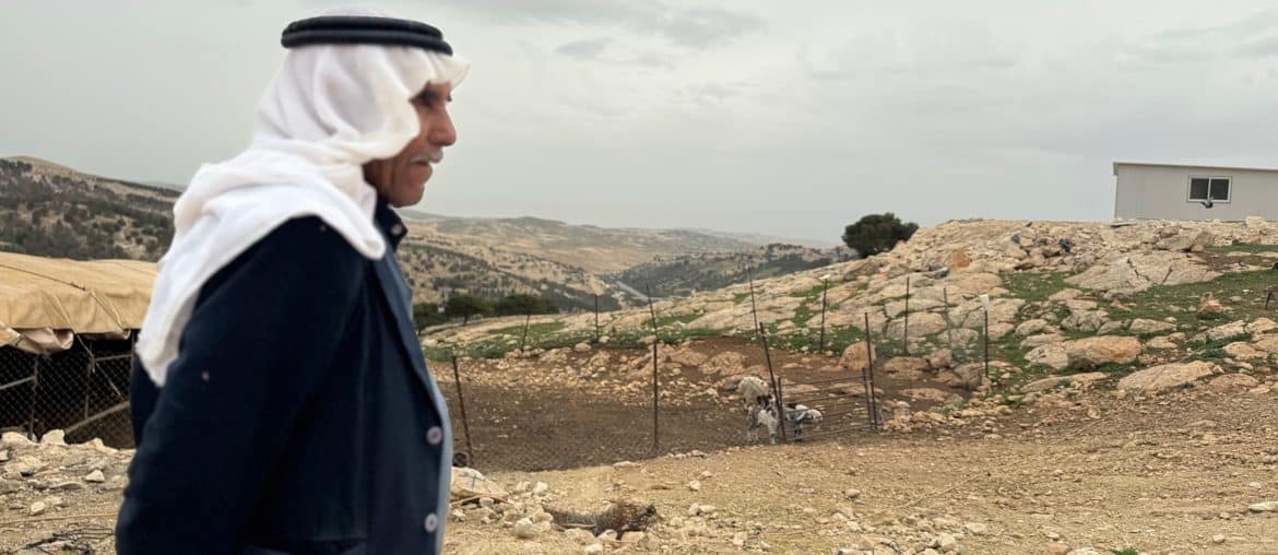 Abu Nayef al-Jahhalin, 71, whose Bedouin community in Jabal al-Baba is threatened with forcible displacement, May 2026. (Photo: Shatha Hammad)