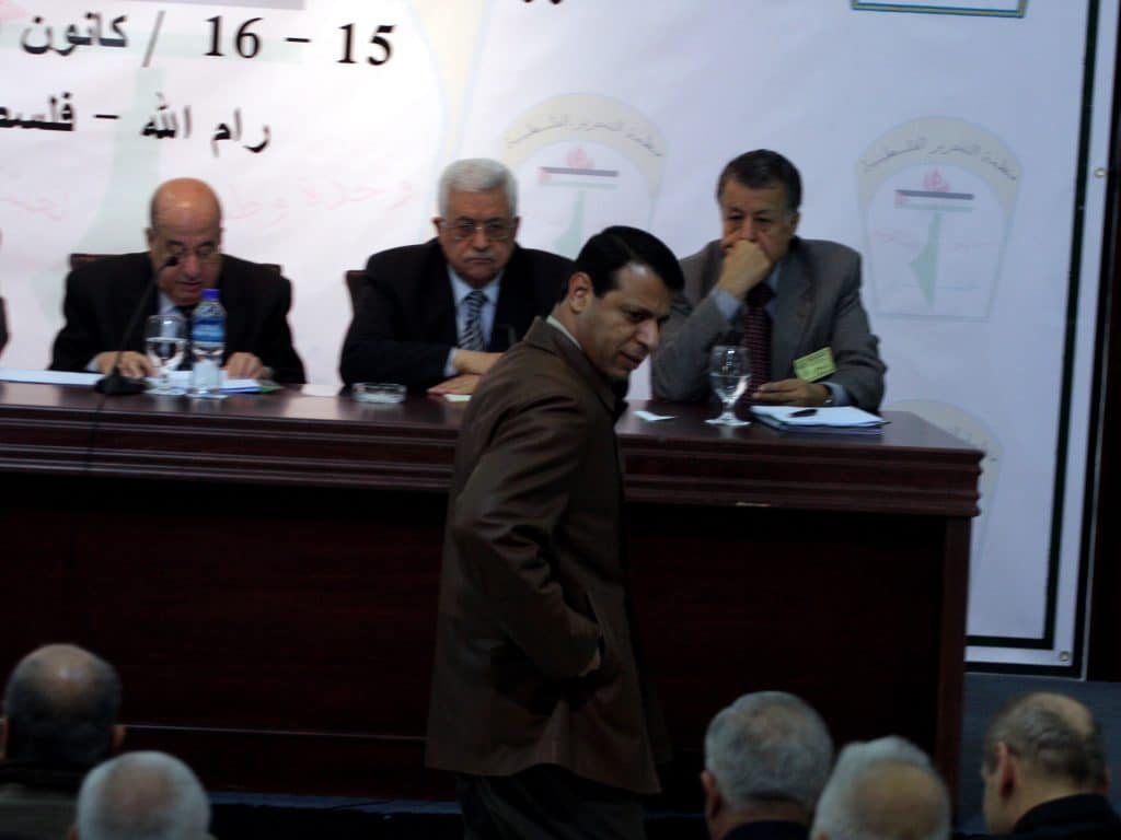 Senior Fatah official Mohammed Dahlan in the audience during a PLO meeting in Ramallah, with PA President Mahmoud Abbas heading a panel, December 15, 2009. (Photo: Issam Rimawi/APA Images)