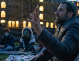 Michael Margolin leads a Shabbat service at the Cornell University Gaza Solidarity Encampment on April 23, 2024, in Ithaca, NY. (Photo: Caleb Kaufman)
