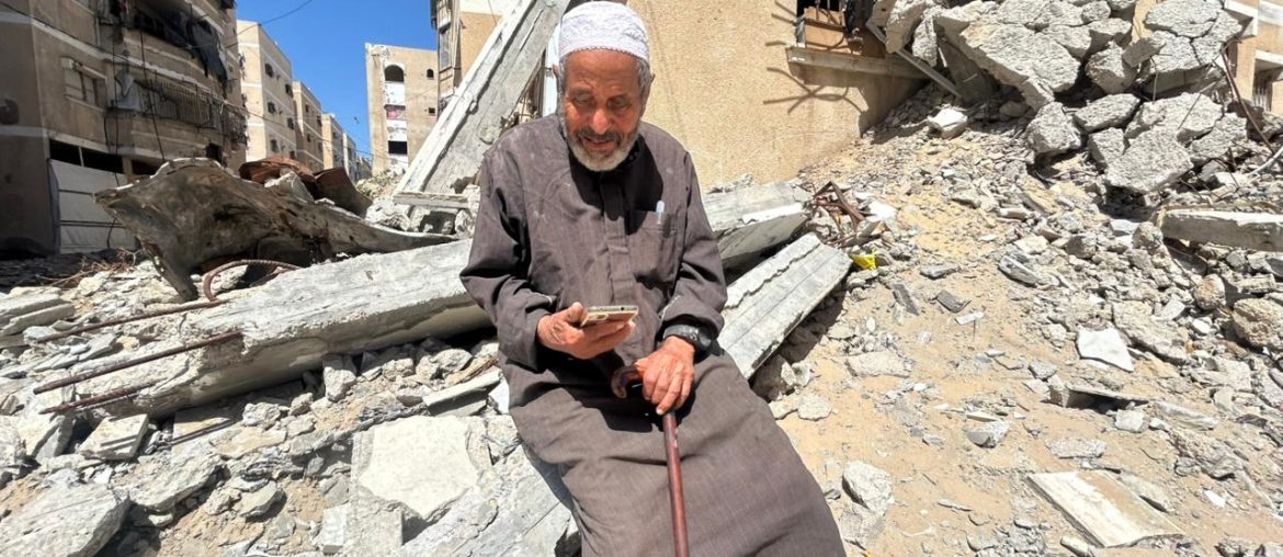Ismail Atiya Nasir al-Din, 91, sits amid the rubble of his destroyed home in Gaza, displaced for a second time in his life after surviving the Nakba of 1948. (Photo courtesy of the author)