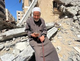 Ismail Atiya Nasir al-Din, 91, sits amid the rubble of his destroyed home in Gaza, displaced for a second time in his life after surviving the Nakba of 1948. (Photo courtesy of the author)