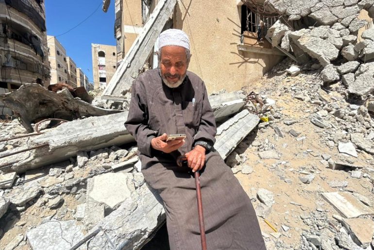 Ismail Atiya Nasir al-Din, 91, sits amid the rubble of his destroyed home in Gaza, displaced for a second time in his life after surviving the Nakba of 1948. (Photo courtesy of the author)