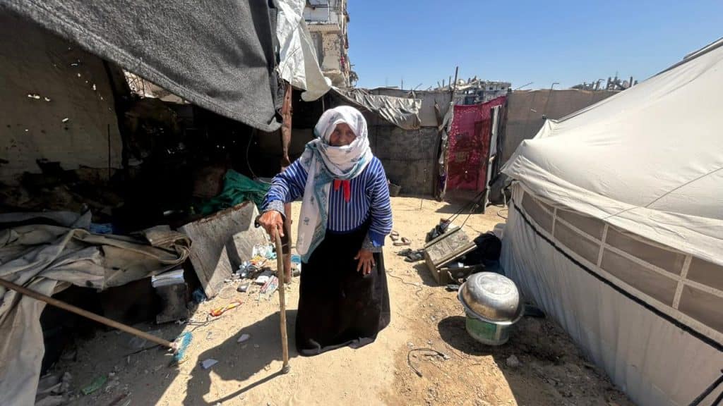 Fatima Ibrahim Khalfallah, 85, a survivor of the Nakba, now lives in a tent in Gaza, displaced for the second time in her life, May 2026. (Photo courtesy of the author)