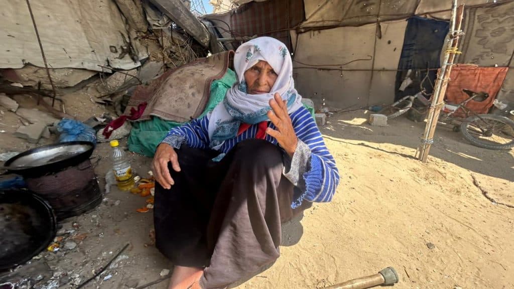 Fatima Ibrahim Khalfallah, 85, a survivor of the Nakba, now lives in a tent in Gaza, displaced for the second time in her life, May 2026. (Photo courtesy of the author)