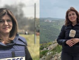 (Right) Amal Khalil reporting in Southern Lebanon for Lebanon's al-Akhbar Newspaper (Photo: Amal Khalil's Facebook Page). (Left) Shireen Abu Akleh Reporting for Al Jazeera. (Photo: Wikimedia Commons)