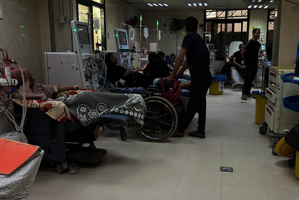 Patients receive treatment at Al-Aqsa Martyrs Hospital in Deir al-Balah, central Gaza, amid critical shortages in fuel and medical supplies, June 3, 2026. (Photo: Youssef Abu Watfa/APA Images)
