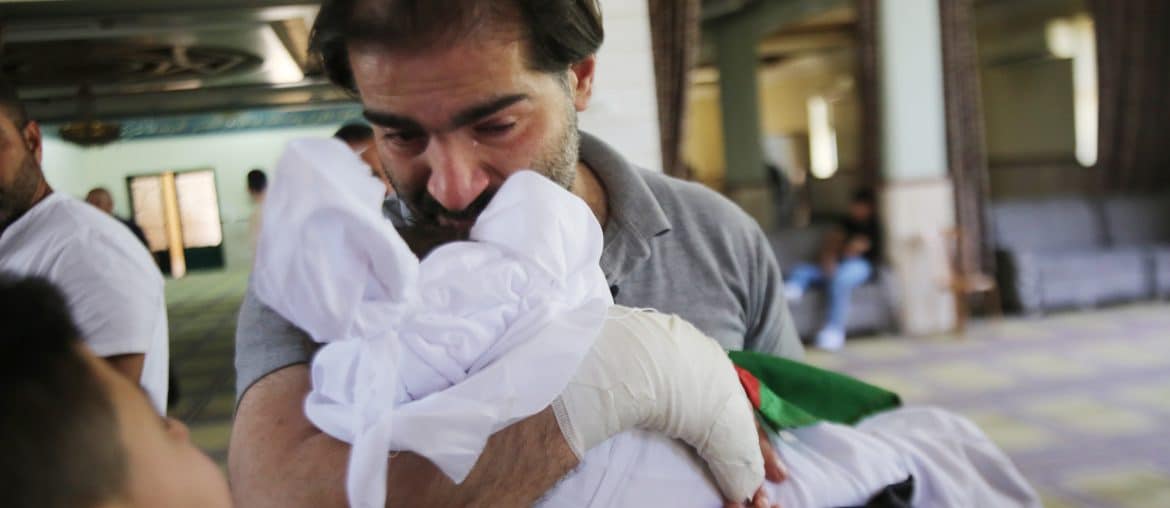 Family members of 7-month-old Sam Fahd Abu Haykal part in the infant's funeral in the West Bank city of Hebron on June 6, 2026. (Photo: by Mamoun Wazwaz/APA Images)