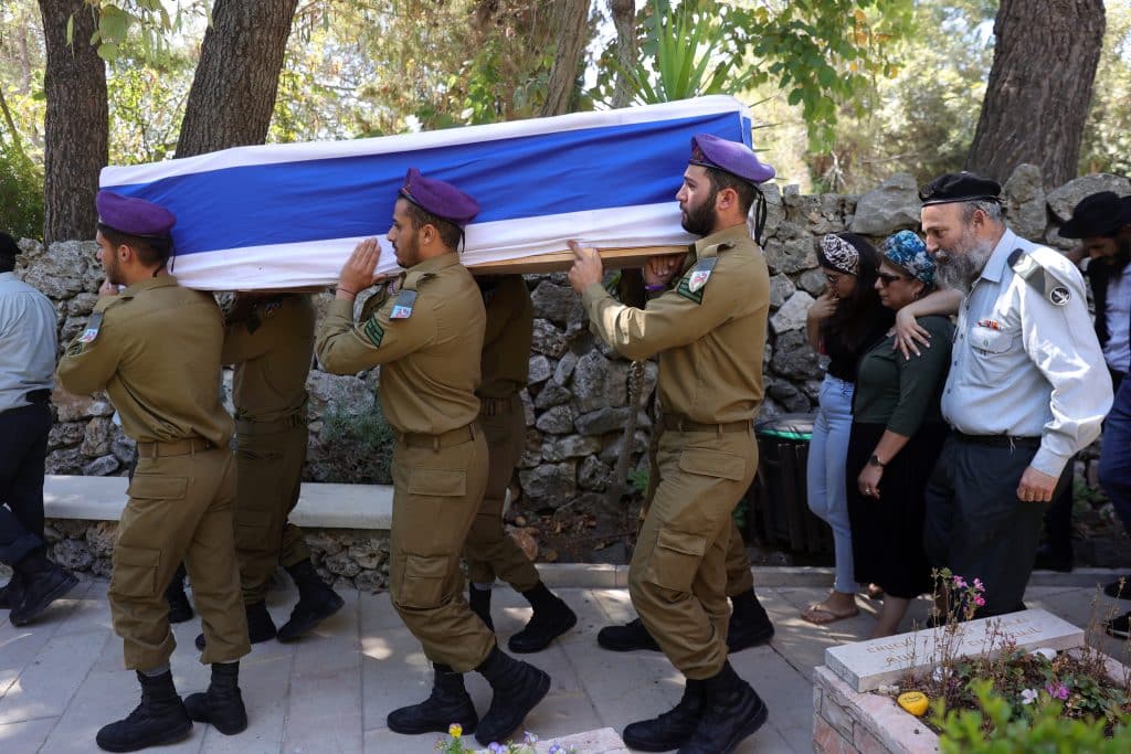 Israeli soldiers carry the coffin of fellow soldier Shilo Amir, who was killed on July 6, 2023, by a Palestinian shooter near the West Bank settlement of Kdumim, July 7, 2023.(Photo: Abir Sultan/EFE via ZUMA Press/APA Images)