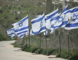 Israeli flags planted near an archaeological site in the Palestinian town of Sebastia, west of Nablus, February 20, 2026. (Photo: Mohammed Nasser/APA Images))