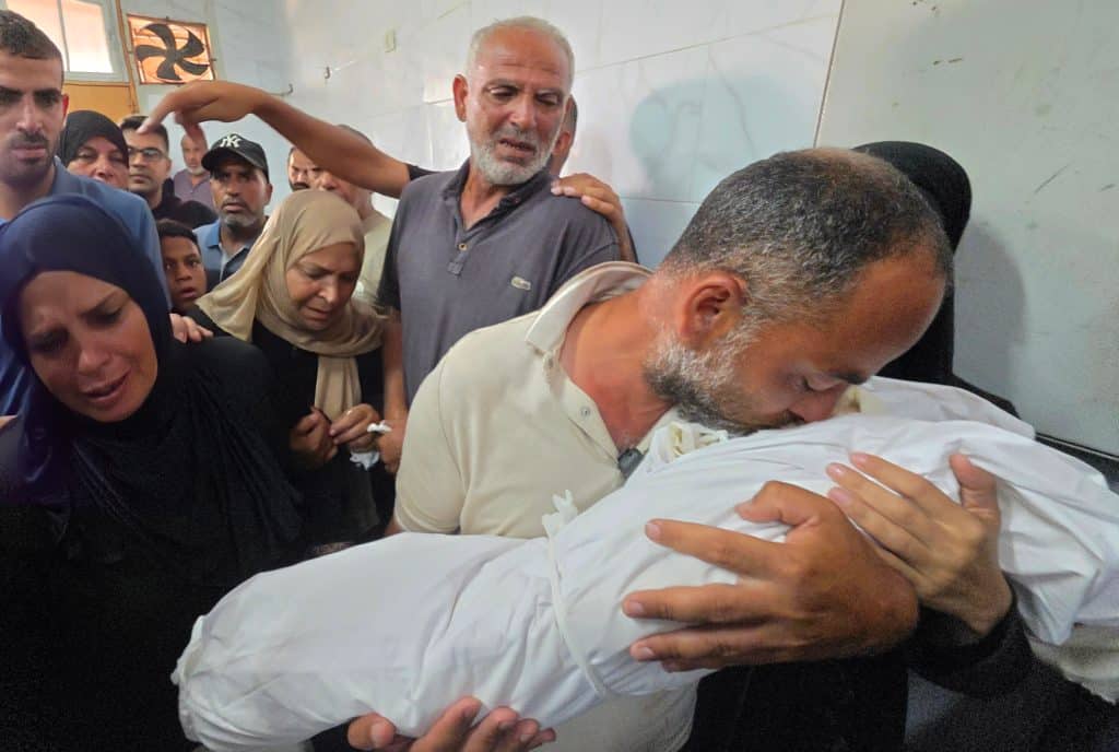Funeral of 1-year-old Siwar Abu Daraz and her mother, Diana Abu Daraz, Nasser Medical Complex, Khan Younis, June 30, 2026. (Photo: Tariq Mohammad/APA Images)