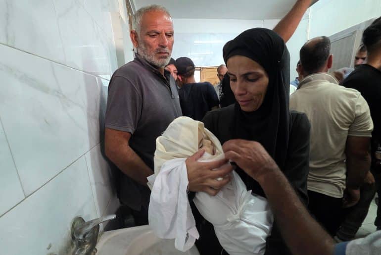 Funeral of 1-year-old Siwar Abu Daraz and her mother, Diana Abu Daraz, Nasser Medical Complex, Khan Younis, June 30, 2026. (Photo: Tariq Mohammad/APA Images)