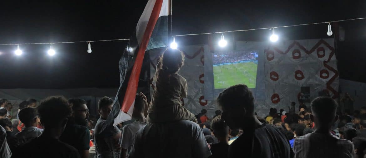 The Egyptian Relief Committee organized a rare public screening of the World Cup match between Egypt and Beligum, providing electricity, screens, and an internet connection, June 15, 2026. (Photo: Mazen Breem)